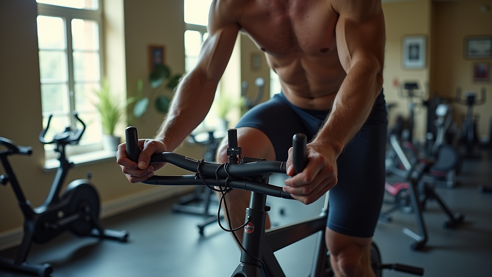 High angle view of a man cycling on a stationary bike in a home gym