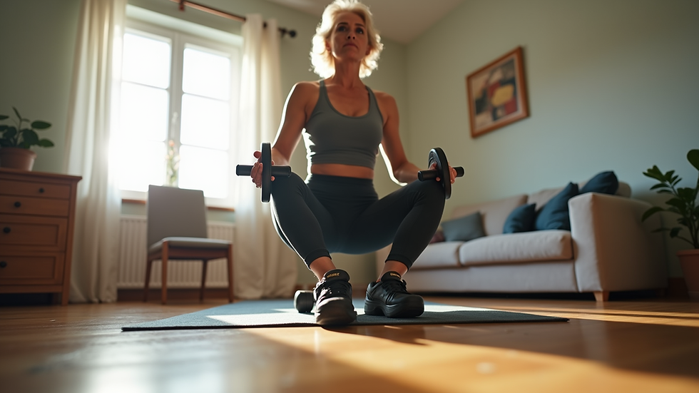 Eye-level view of a senior woman exercising with light weights at home