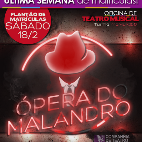 ÚLTIMO Plantão de matrículas para Oficina de Teatro Musical é neste sábado (18/2)