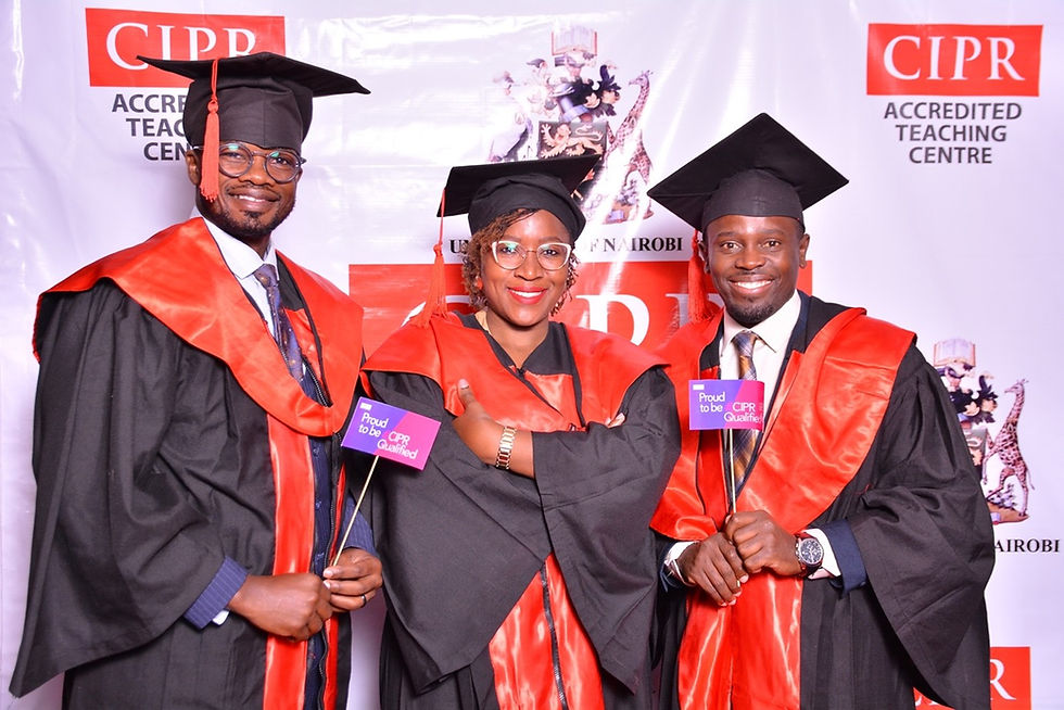 Three 2021/2022 CIPR Graduates in Nairobi on July 2, 2022: From Left to Right: Edward Richard Ahonobadha, Knowledge & Comms Manager, Health Pooled Fund South Sudan; Janet Sudi, Deputy Head of Communications at the British High Commission (Kenya) and Lubogo Muhammad, PR and Media Officer at the Uganda Electricity Generation Company