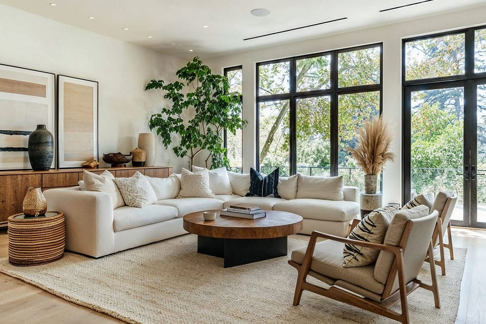 Contemporary interior designed lounge room using neutral tones and natural finishes.