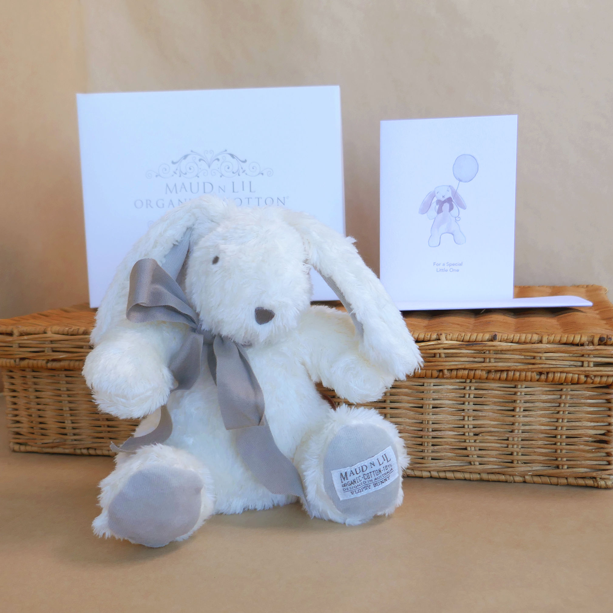 Organic Flopsy Bunny Toy in Gift Box - White/Grey, Maud N Lil Organic