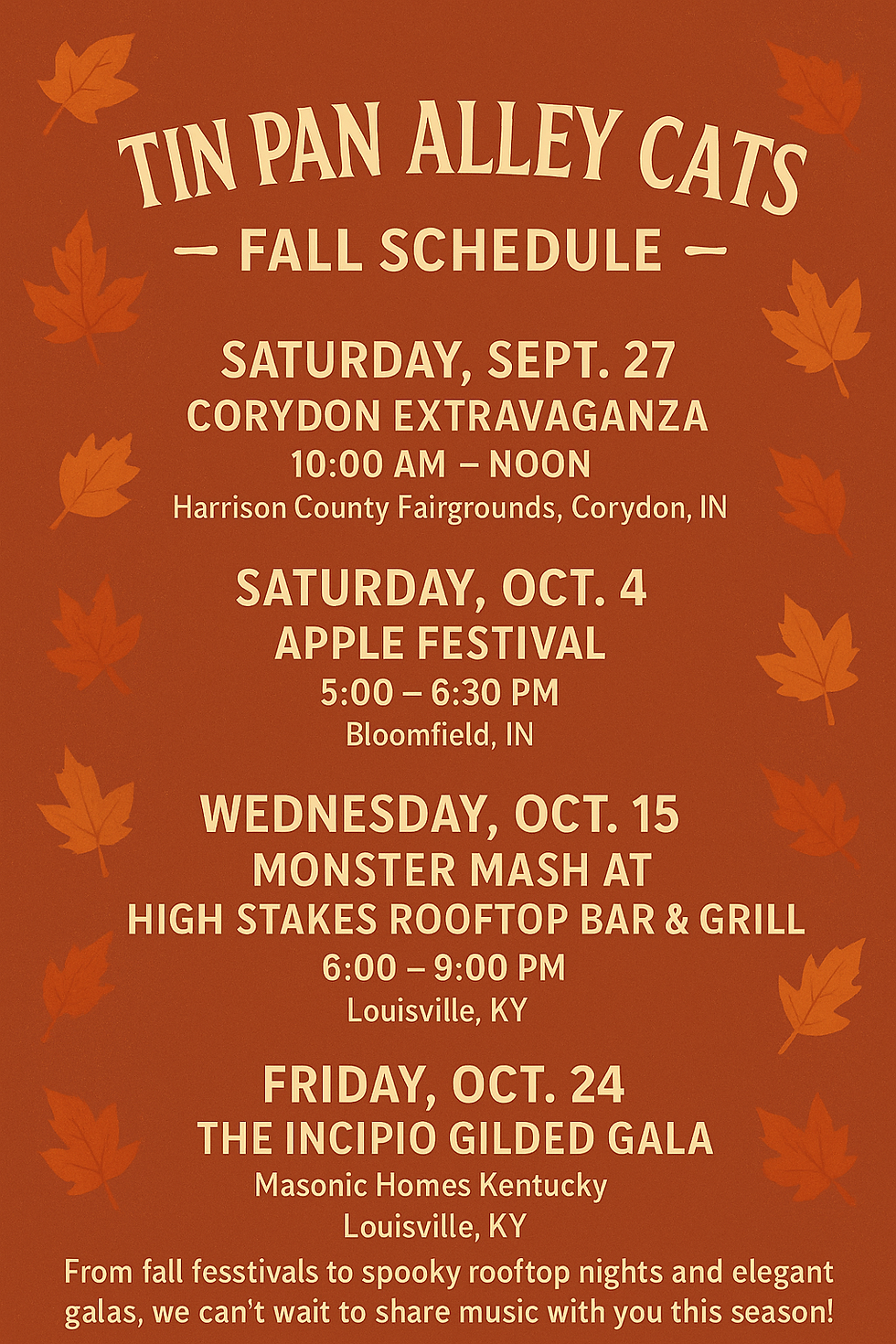 🍂🎶 Tin Pan Alley Cats – Fall 2025 Schedule 🎶🍂