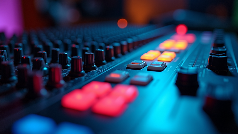 Close-up view of a mixing console with colorful lights in a music studio