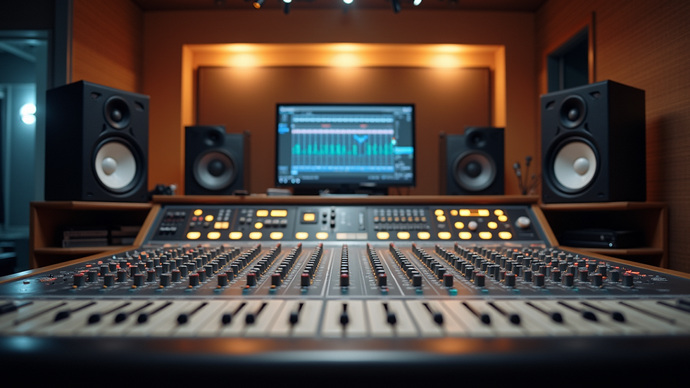 Eye-level view of a modern recording studio control room with mixing console
