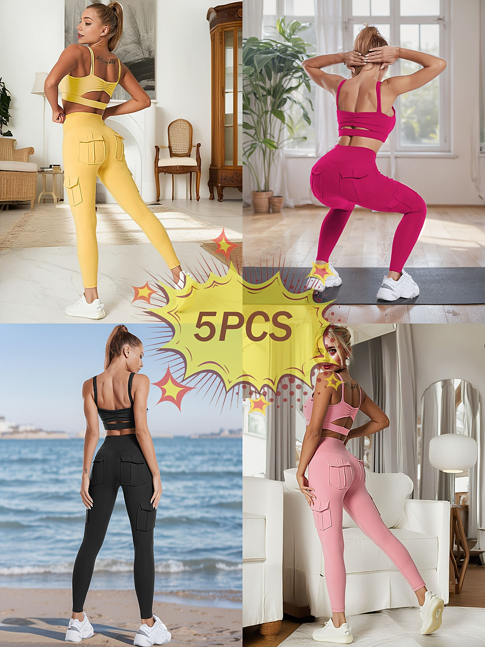 Thumbnail: Ensemble de 5 leggings de yoga taille haute avec 4 poches, ensemble multi-pack p