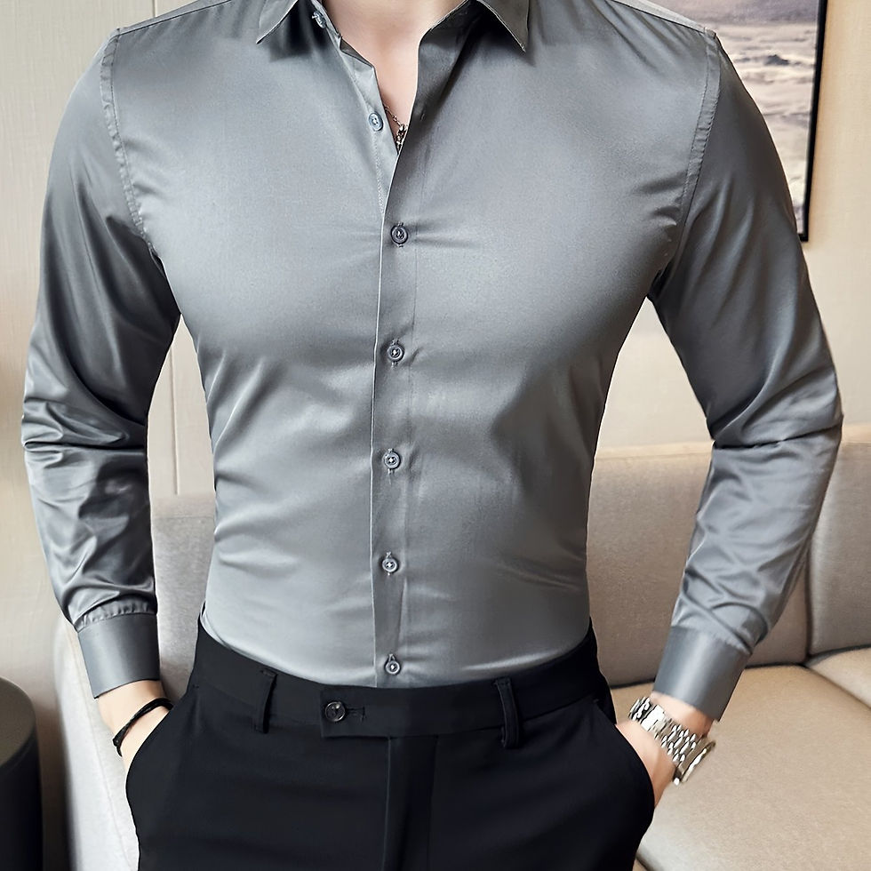 Thumbnail: Chemise pour hommes en soie à manches longues, élégante, extensible et sans repa