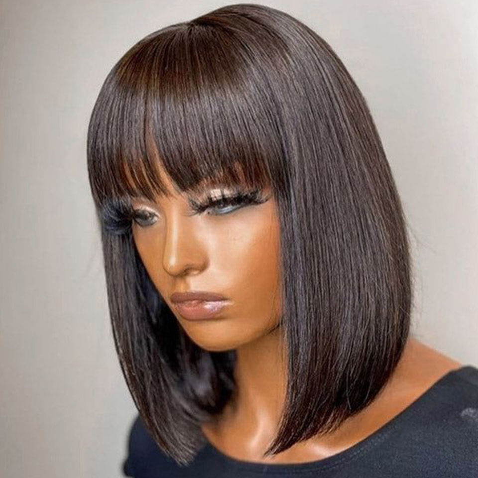 Thumbnail: Straight Bob Human Hair Wigs With Bangs Short Brazilian Human Hair 150density Fo