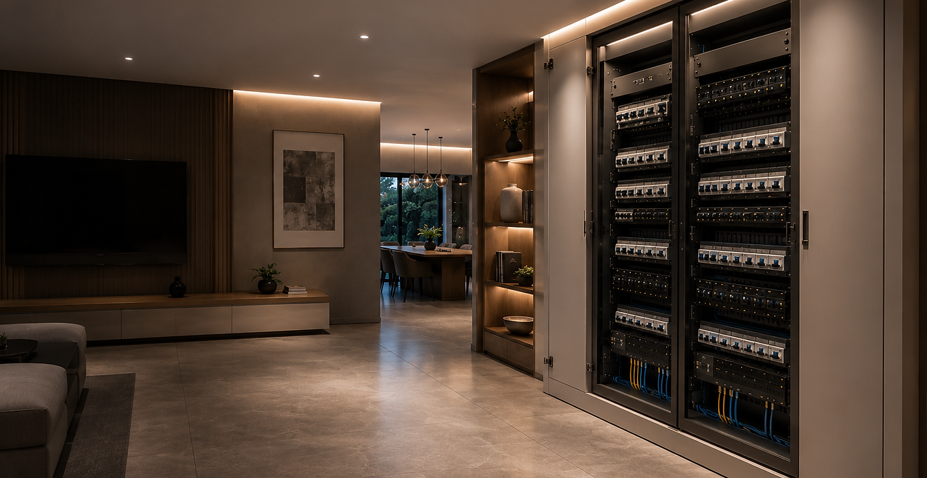 interior of a luxury private smart home sever room and kitchen