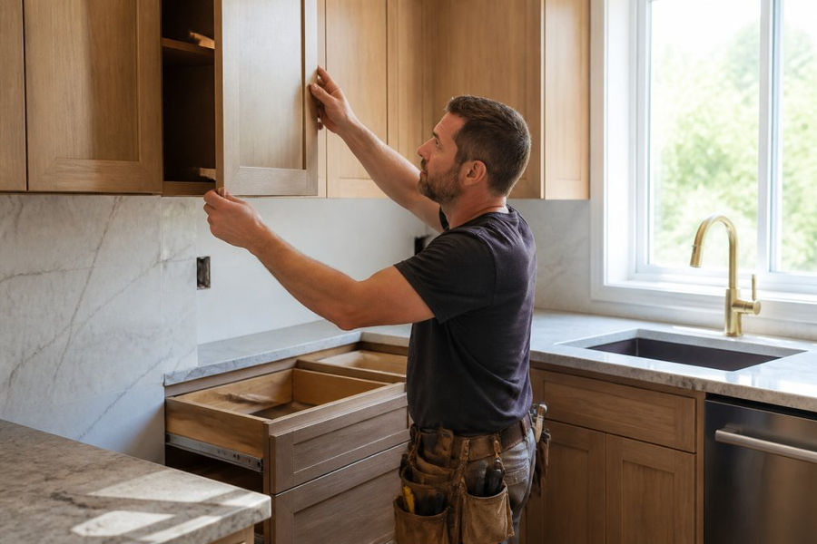 A skilled craftsperson carefully installing custom wood cabinetry panels in a bright modern kitchen with stone countertops, warm natural light streaming through a large window beside the sink