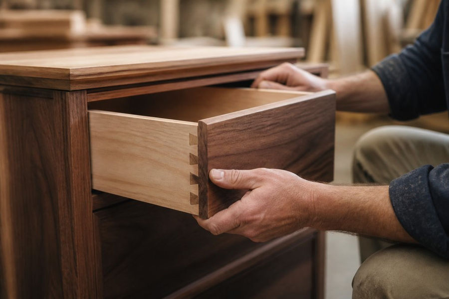Close-up of a craftsman's hands inspecting an open dovetail drawer joint on a high-end cabinet box in a workshop, warm task lighting highlighting the wood grain