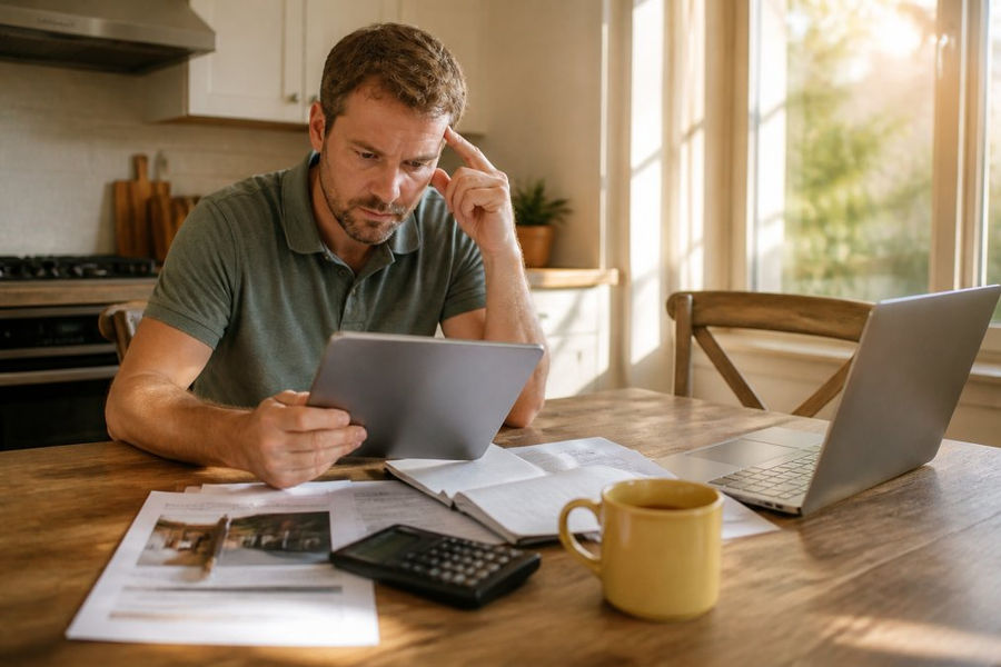 A homeowner reviewing financial documents and a tablet at a kitchen table, with a laptop showing a mortgage calculator and a cup of coffee nearby, warm afternoon light through a window