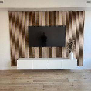 Bedroom- Oak Acoustic Panels Media Wall & Floating Shelf