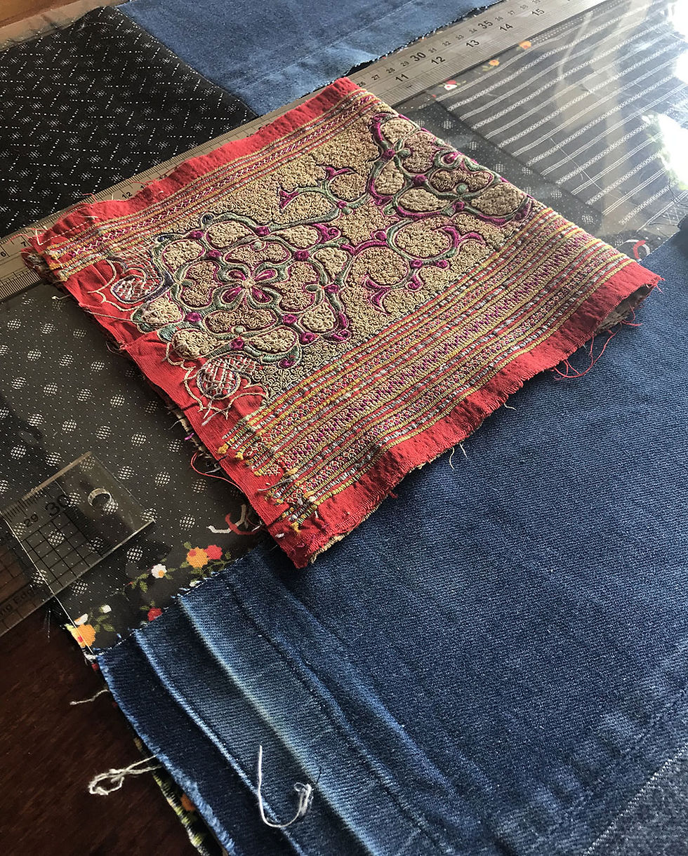 Thumbnail: Antique Embroidery & Denim Cushion