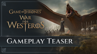 Daenerys Targaryen standing on a rocky ledge in front of a massive, roaring dragon with its wings spread wide. Behind them stands an army of Unsullied soldiers equipped with round shields and tall spears. 