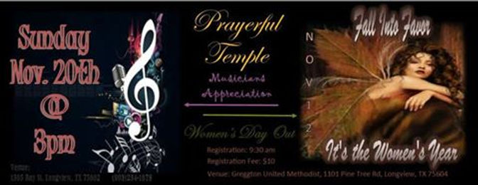 Please join us for our Women Day Out seminar this Saturday at 1101 Pine tree rd, Greggton United Methodist Church. See flyer to the right. Also, please join me for our Musicians Appreciation Concert on November 20th at 3pm.