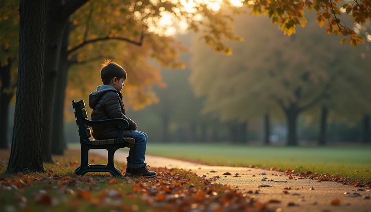 Eye-level view of a child sitting alone on a park bench looking distant
