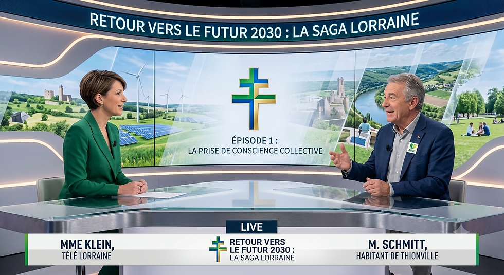 Monsieur Schmitt invité sur le plateau de Télé Lorraine, interviewé par Madame Klein pour l'épisode 1 de la série Retour vers le Futur 2030 : La Saga Lorraine, avec en arrière-plan un paysage illustrant la transition écologique de la région.
