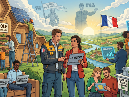 Illustration du mouvement 'La Ruche' : des citoyens collaborent dans un paysage rural français pour bâtir un avenir souverain. On y voit des modules en forme de ruches, une Bio-école, des personnes utilisant des outils numériques pour l'écolonomie, le réseau humain et la défense locale, sous le regard bienveillant des figures historiques de Jeanne d'Arc et du Général de Gaulle.
