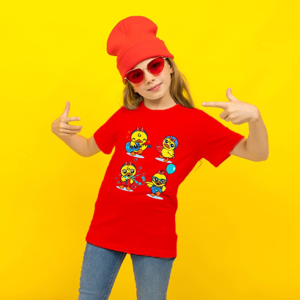 Funny Duck Family Cartoon T-shirt For Kids Premium Cotton Red T-shirt For Girls