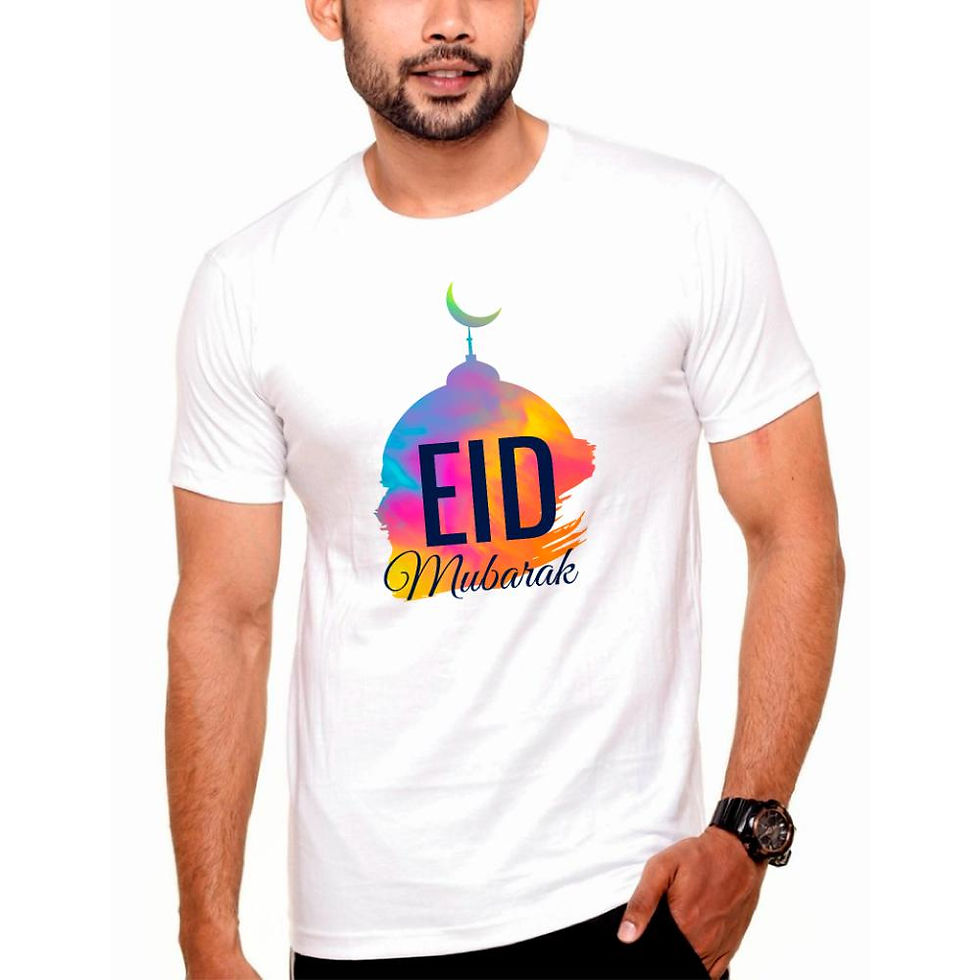 Islamic Muslim Eid Mubarak Round Neck White T-shirt Polyester Blended Cotton