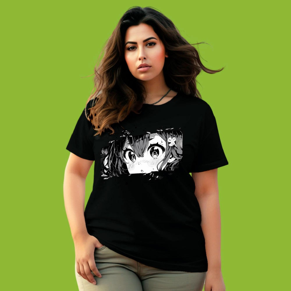 Women's Graphic Cotton Tees Black Round Neck Anime T-shirt Design