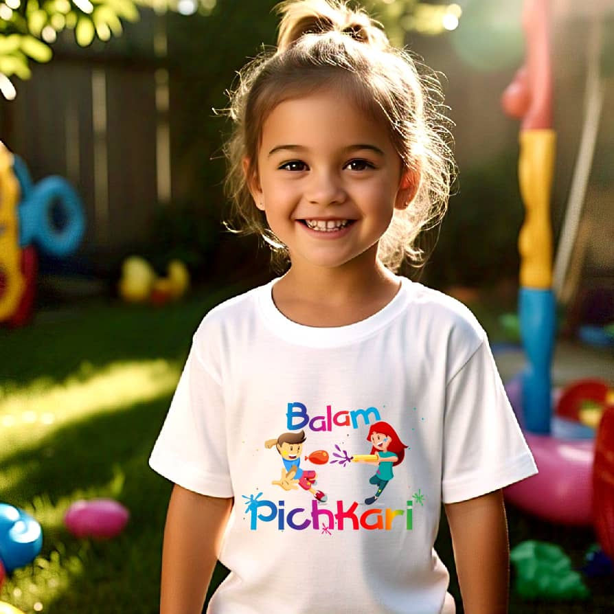 Balam Pichkari Unisex Holi T-shirt For Kids White Round Neck Printed T-shirt