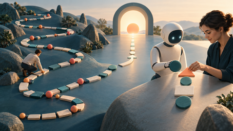 Un robot y una persona arman un plan sobre una mesa frente a un camino de piezas que lleva a un arco con el sol