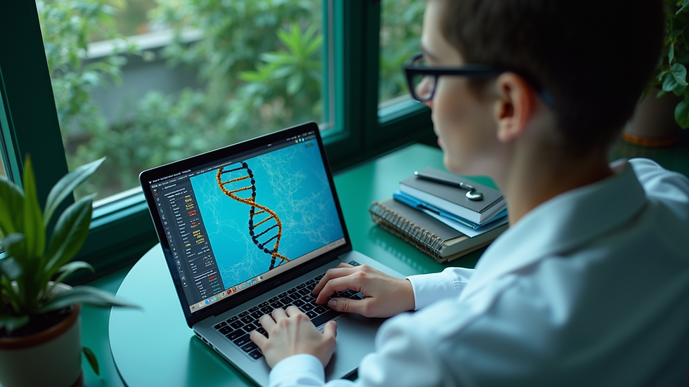 High angle view of a person studying genetics on a laptop
