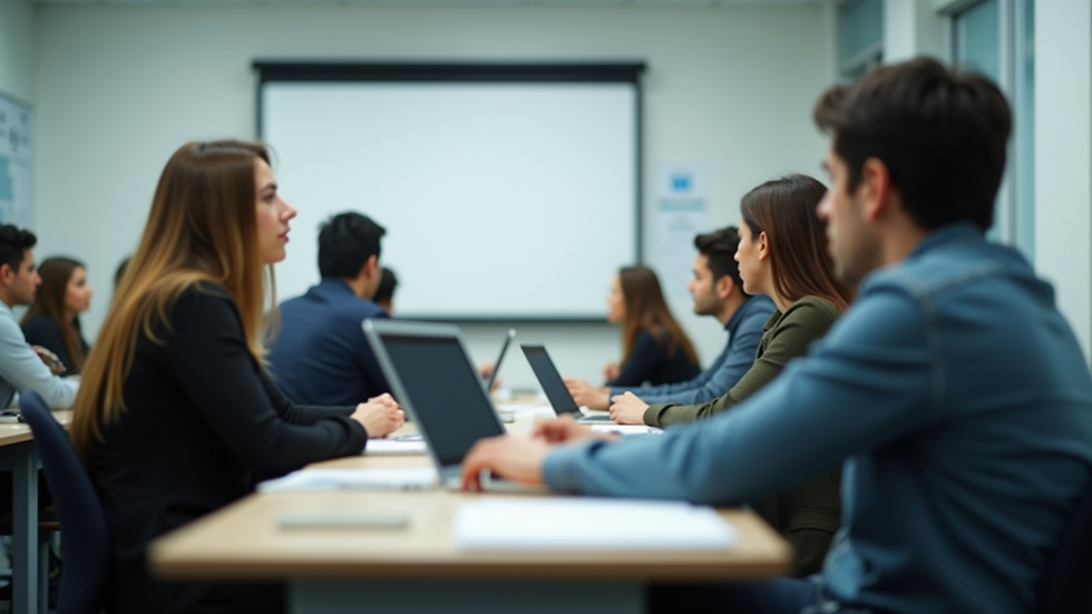 Vista a nivel de ojo de un aula moderna con estudiantes usando tecnología