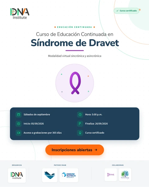 Imagen promocional del Curso de Educación Continuada en Síndrome de Dravet de DNA Institute. Curso virtual sincrónico y asincrónico, certificado, con sesiones los sábados de septiembre de 2026 a las 5:00 p.m., acceso a grabaciones por 365 días, patrocinado por Valentech y Nutricia, con colaboración de Dravet LATAM y EduCerebrix.