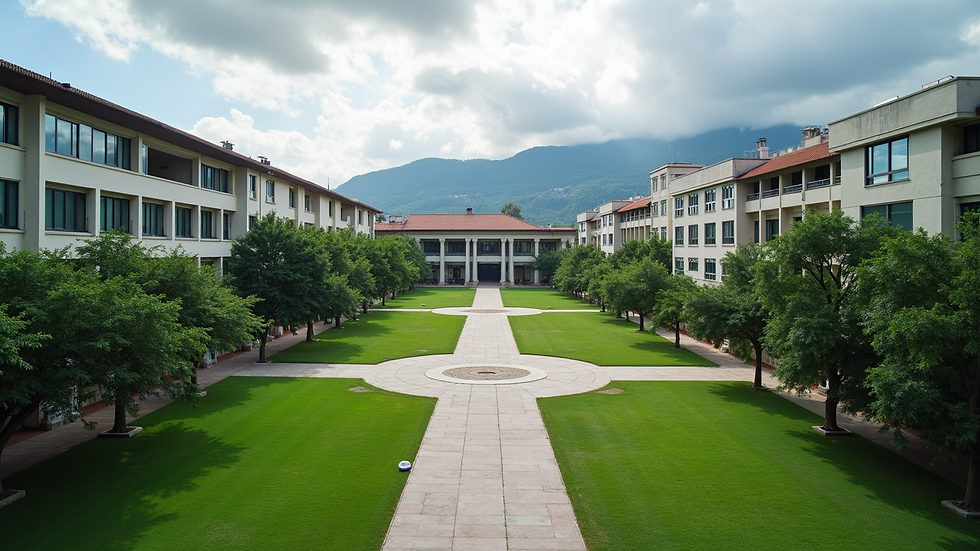 Vista aérea de un campus universitario con áreas verdes y edificios modernos