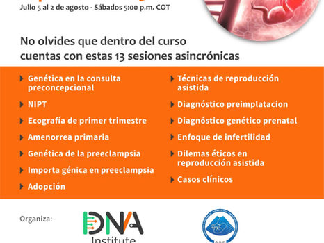 Flyer del curso Genética Reproductiva 3.0 que muestra las 13 sesiones asincrónicas disponibles