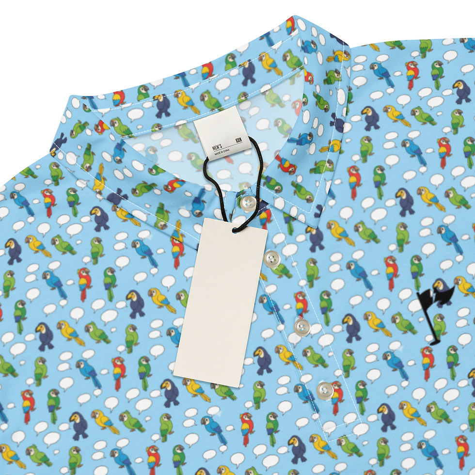 Microprint detail on tropical golf shirt: Colorful tropical birds in flashy pattern, bold design for birdie-chasing and 19th