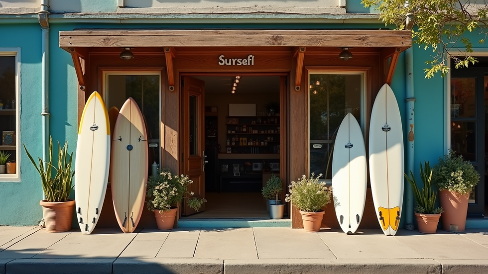 Close-up view of a surf boutique storefront with surfboards displayed outside