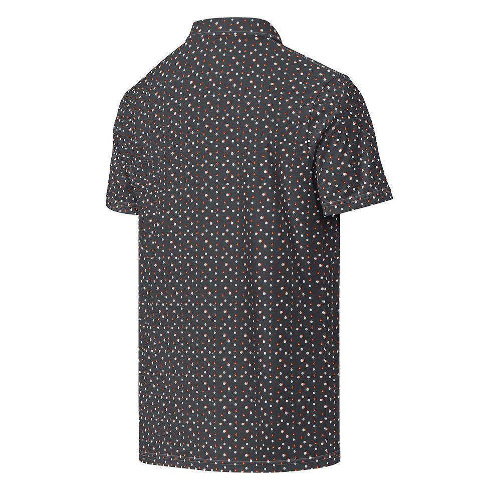 Thumbnail: Drop It Like It's Hot slim fit golf polo for men - flashy design with dropping golf balls and fiery chili peppers, classic co