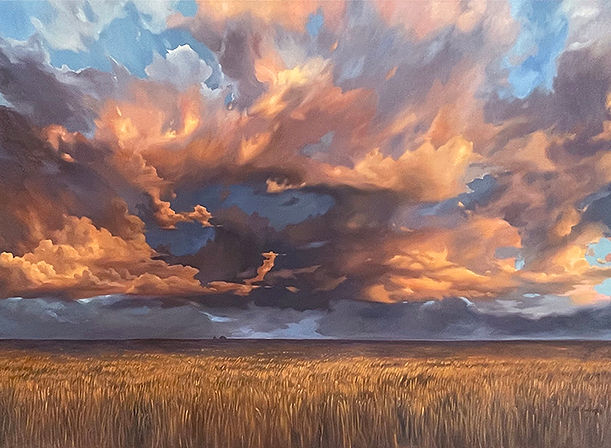 Incredibly atmospheric original painting of a wheat field with a dramatic evening cloud formation swirling above; links to exhibition of original artworks by Holly Haines and Graham Downs.
