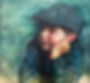 Oil portrait of a young boy in a cap, cheek on hand, sketched background and sleeves. Shades of blue. Oil portraits.