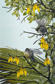 LTD print of two fantails perched amongst NZ native plants and trees with a blue sky background. Piwakawaka art.