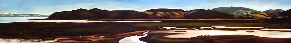 Long and narrow oil artwork of mudflats and streams in Tuhirangi in Kaipara Harbour. Beautiful golden hills and pearly waters