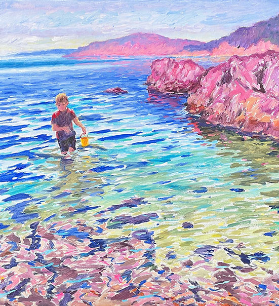 Beautiful original oil painting of a boy with a yellow bucket in shallow waters and the sun setting pink; pastel colours; links to 2025 exhibition of NZ landscape art by Graham Downs artist.