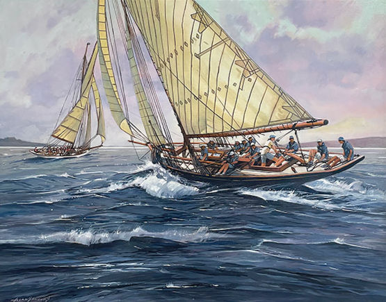Oil painting of classic heritage yachts, Thelma and Waitangi (Logan Brothers, 1890), racing in Auckland harbour. Yacht art NZ