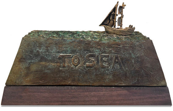 One-of-a-kind bronze sculpture with a little sailing ship crossing the sea. Mounted on a wooden base. NZ bronze ships.