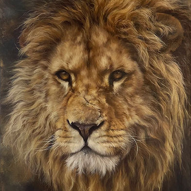 Highly realistic portrait of a lion close-up linking to an exhibition of African animal art by wildlife painter Jules Kesby.