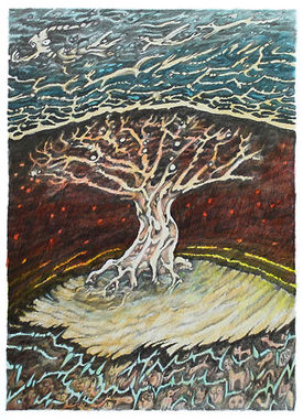 Artwork inspired by Enid Blyton's Faraway Tree stories showing a tree with one world below and another world above. Page links to emerging artist page, which includes Brenda Nyhof.