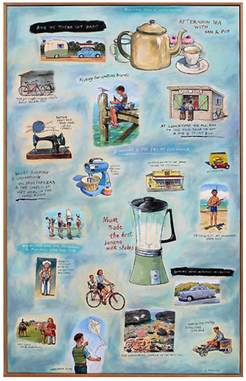 NZ nostalgic pop art, scrapbook style, with a selection of childhood memories arranged on a portrait canvas.