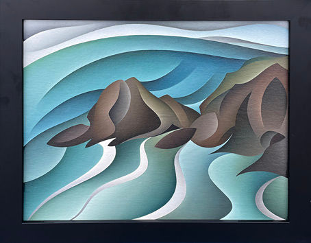 Thumbnail: Bright landscape or seascape of Whites Beach in an abstract and cubist style. Shades of blue and teal. With black frame.