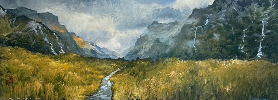 New in store August 2025; original painting of one of NZ's Great Walks, the Milford Track in the beautifully moody Milford Sounds, South Island NZ; painting by Graham Downs; link takes you to the product page for this artwork.