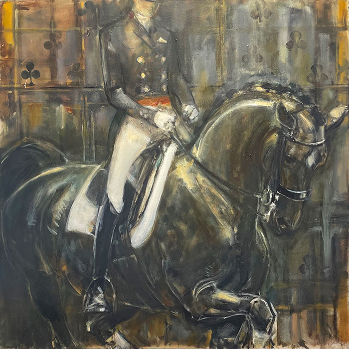 Fine oil artwork of a beautiful and elegant grey show horse and rider, presenting. Dressage horse, horse competition.
