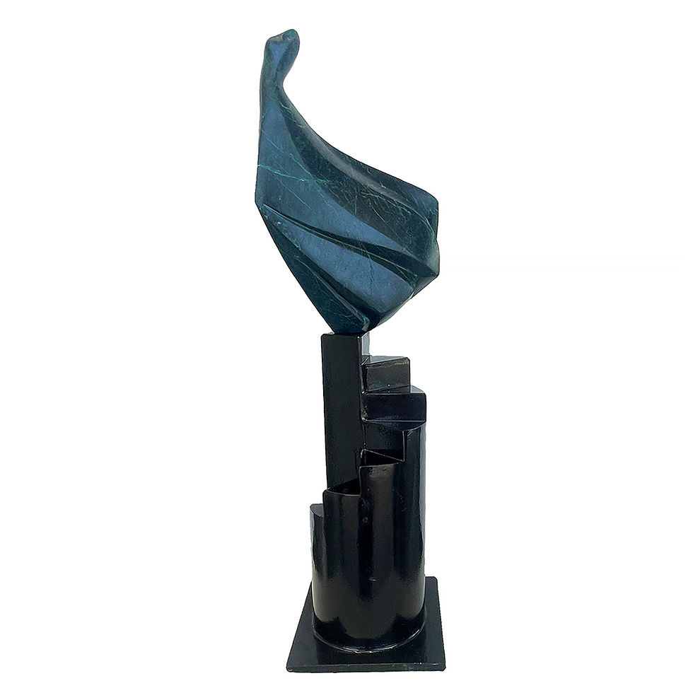 Thumbnail: Graceful small stone sculpture of a dress figure poised atop a black steel staircase. Modern contemporary sculpture. NZ art.